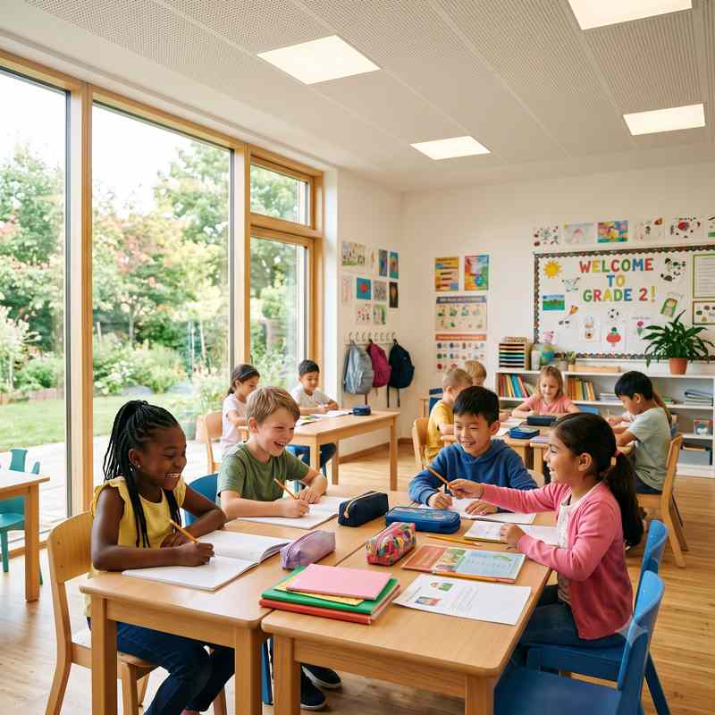 Bright, fully lit classroom with students at desks and large windows