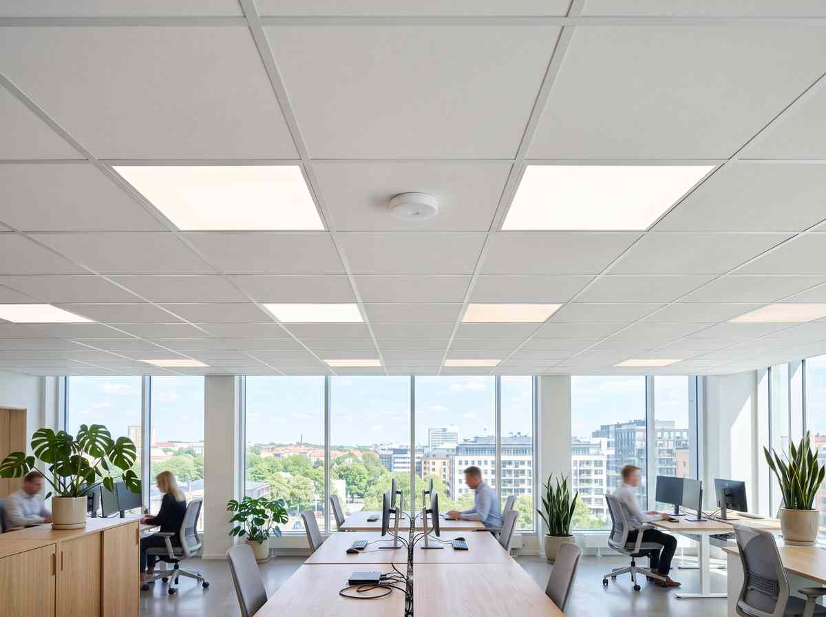 Bright open office ceiling with recessed LED luminaires and a small wireless daylight sensor, large windows flooding the space with natural light