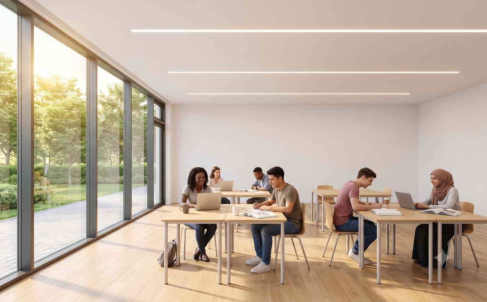 Sun-filled modern classroom at full brightness, ceiling luminaires blending seamlessly with abundant daylight