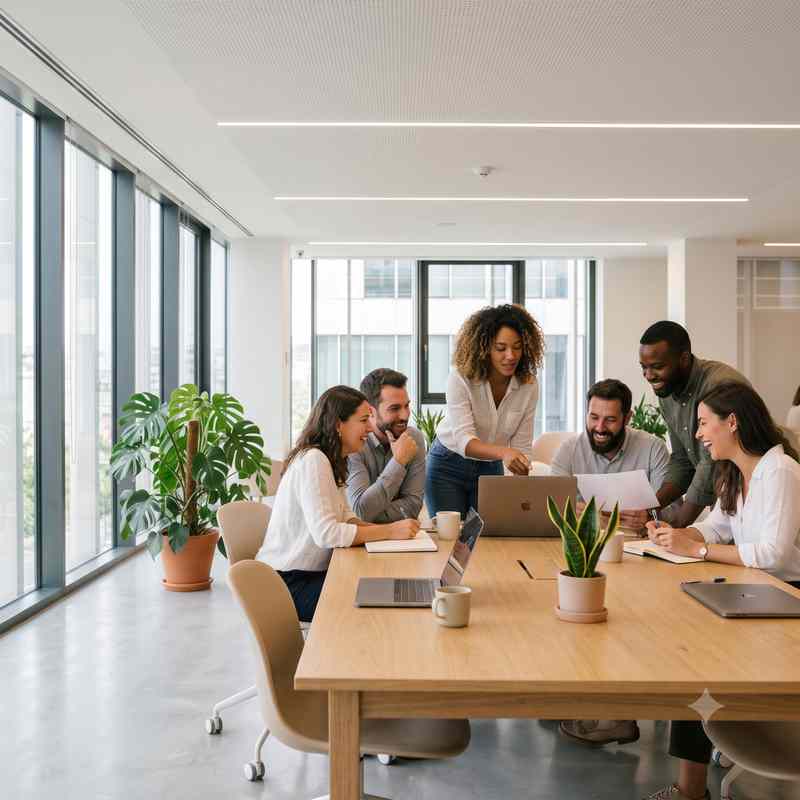 Sunlit open-plan office at full brightness with people working comfortably