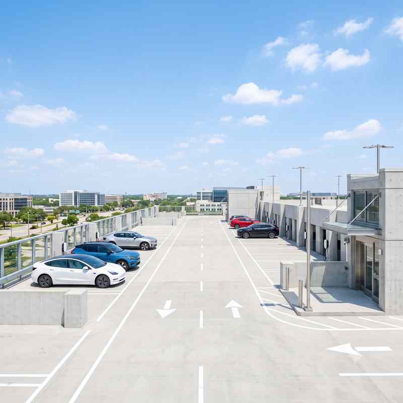 Daylight-flooded open parking deck, bright and safe